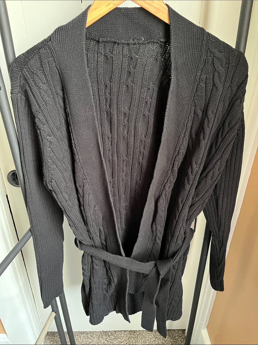 Black Cable-Knit Belted Women's Cardigan Sweater